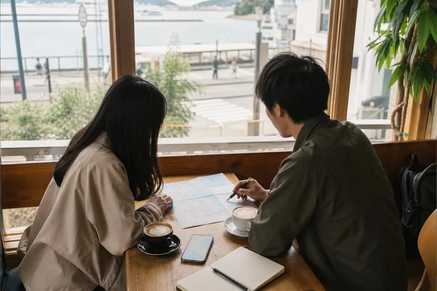 カフェで街歩きの予定を確認する写真