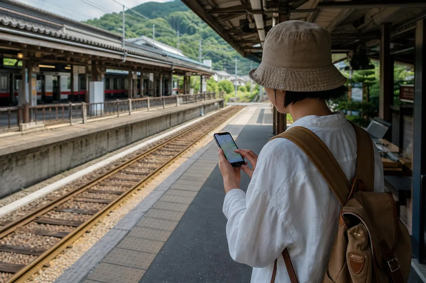 駅で週末の街歩き予定をスマホで確認する写真